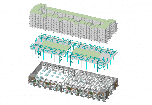 De betonnen bovenbouw steunt af op een stalen tafelconstructie die met 15 meter lange kolommen door de bestaande gebouwen heen prikt. (Beeld: Mei architects and planners)