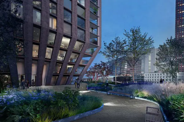 De voet van CasaNova is vormgegeven als een punt. De geveldelen bestaan daardoor uit parallellogrammen die ook nog eens taps toelopen. (Beeld: Barcode Architects)