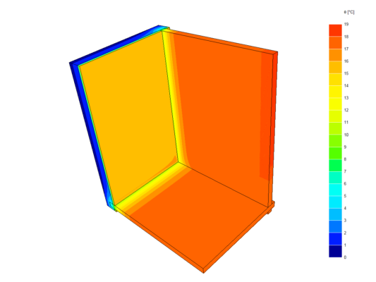 Door middel van specialistische software kan temperatuur op elk punt in de gevel bepaald worden. Het hierboven afgebeelde model is een spouwmuur (kalkzandsteen en metselwerk) voorzien van 50 mm isolatie. Te zien is dat rondom de koudebruggen de oppervlaktetemperatuur relatief laag is.  