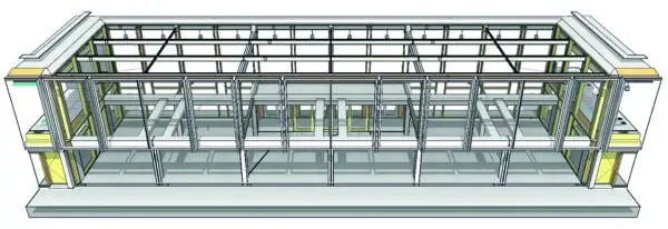 Bij de entree zijn 6 x 4 traveeën uit de betonen vloer gezaagd. Bij de buitenste anderhalve travee is ook het dak verwijderd.