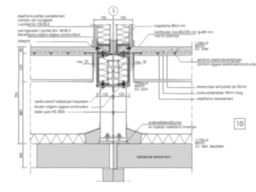 Detailtekening van de vloeropbouw met anhydriet op zwaluwstaartplaten uit de brochure 'Bewoond optoppen met staalframebouw' van Bouwen met Staal.