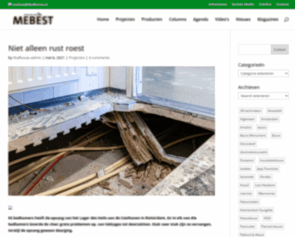 Screenshot van het artikel van Mebest over doorgeroeste badkamervloeren, waar anhydriet op zwaluwstaartplaten is toegepast.